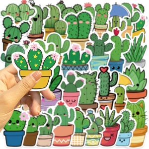 Detailed view of waterproof green cartoon cactus stickers with colorful flower pots