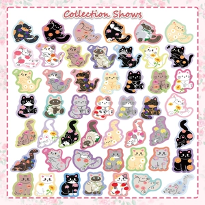 Collection of 48 cute cartoon cat stickers with floral patterns for DIY decoration