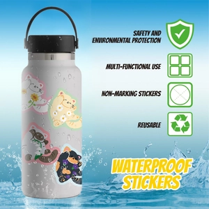 Waterproof cute cat stickers with floral patterns applied on a white sport water bottle