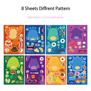 Set of 8 colorful DIY cartoon monster make-a-face stickers for children's handicrafts