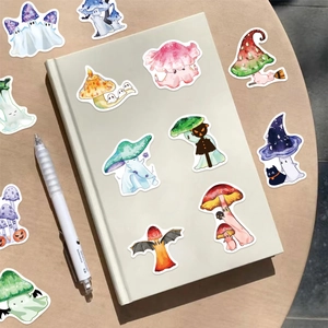 Halloween ghost mushroom sticker set on a notebook, hand-drawn watercolor party decor
