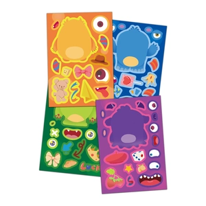 DIY cartoon monster stickers with colorful faces and creative craft accessories