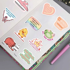 Set of 50 pink cartoon sarcastic quote stickers on a white notebook page for DIY decoration