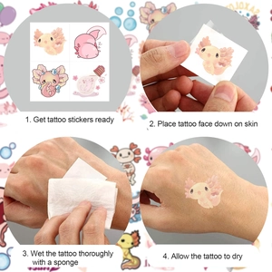 Cartoon pink axolotl temporary tattoo stickers showing a 4-step application guide