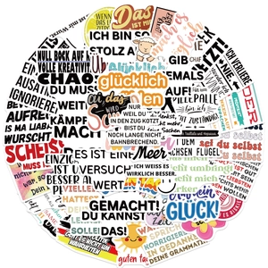 50-piece German inspirational quote stickers set with colorful text and cute illustrations