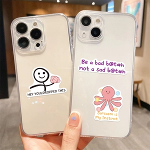 Detail of transparent iPhone case decorated with cartoon pink meme stickers for DIY style