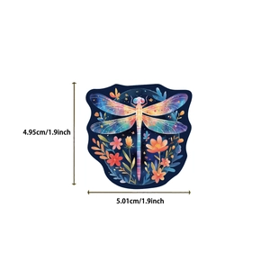 Detailed view of holographic dragonfly sticker with precise dimension measurements