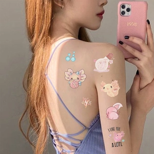 Pink cartoon axolotl temporary waterproof tattoo stickers for kids with cute slogans
