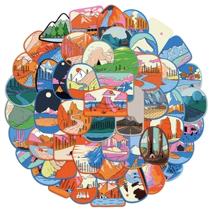 Outdoor camping stickers pack featuring mountains and forest landscapes for luggage