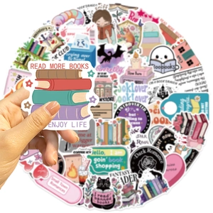 Close-up of waterproof PVC book stickers featuring hand-drawn reading illustrations