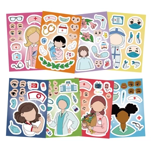 Set of 8 DIY cartoon nurse dress-up stickers with medical accessories for creative kids play
