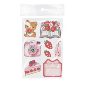 Detail view of strawberry themed cute cartoon stickers in retail hanging pouch packaging