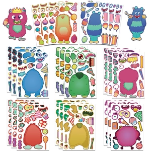 Close-up of DIY monster stickers with various expressions and party accessory elements