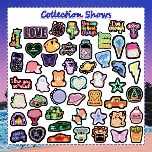 Collection détaillée de stickers néon vibrants avec motifs d'animaux mignons et food