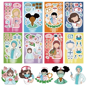 Detail of 8 DIY nurse face-swap stickers with medical accessories for children
