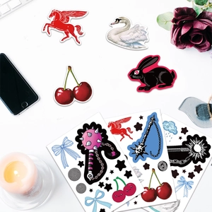 Swan aesthetic collage stickers set for DIY scrapbooking with artistic hand-drawn patterns