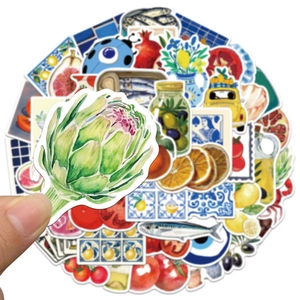 Autocollants méditerranéens dessinés à la main avec motifs citron, artichaut et carreaux