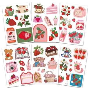 Set of 6 cute strawberry themed aesthetic cartoon stickers for DIY crafts and journaling