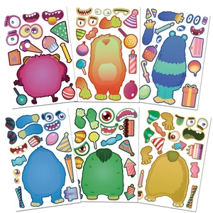 Detail of 6 creative cartoon monster DIY stickers with colorful accessories for kids