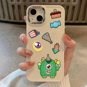 Detail of cartoon monster party phone case for iPhone 13 14 showing cute colorful illustrations