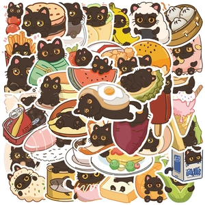 Cartoon Black Cat Food Theme Stickers Waterproof PVC Decals For Laptop Water Bottle Luggage Scrapbook Journal DIY Decor