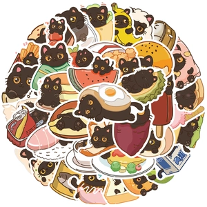 50 pieces of cartoon black cat food graffiti stickers for laptop and water bottle