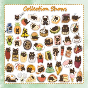 Detailed view of waterproof cartoon black cat stickers with diverse food designs