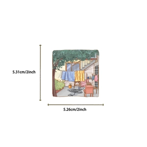 Detailed view of PET sticker with 5.3x5.2cm dimensions showing a cozy courtyard scene