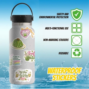 Waterproof matcha green aesthetic stickers applied to a white bottle with splashing water