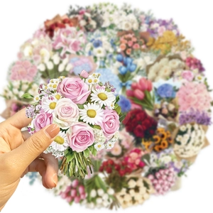 50pcs waterproof floral PET stickers featuring pink roses and daisies for scrapbooking
