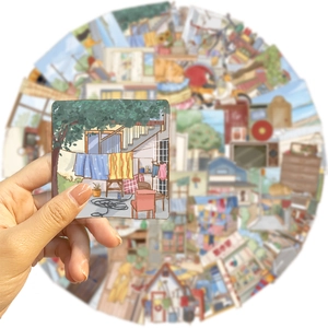 50 pieces of waterproof PET clear stickers featuring cozy hand-drawn watercolor scenery