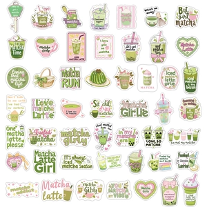 Detailed flat lay of 50 waterproof matcha green stickers for journals and laptops