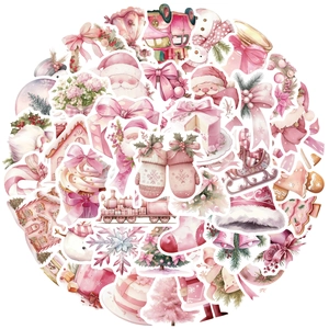 50 pieces of pink watercolor Christmas stickers featuring Santa, gingerbread houses and trees