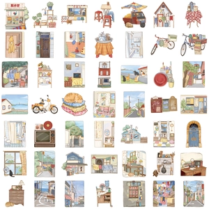 50 pieces of waterproof transparent PET stickers with nostalgic hand-drawn street scenes
