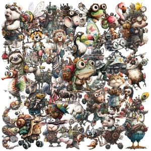 Adesivi in PET Animali Steampunk Impermeabili Orso Meccanico Leone Volpe Decalcomanie Decorative per Laptop Telefono Scrapbook Journaling