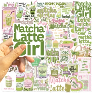 Close-up of Matcha Latte Girl sticker set in fresh green and pink for DIY decor