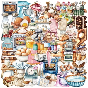 Baking Theme PET Stickers Hand Drawn Watercolor Food Bread Cake Decorative Waterproof Decals For DIY Journaling Scrapbook