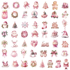 Macro view of 50 pink watercolor Christmas stickers featuring Santa and festive motifs