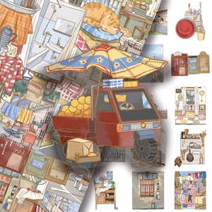 50pcs vintage PET stickers featuring healing cartoon city life and nostalgic home scenes