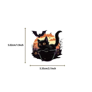 Waterproof Halloween black cat sticker featuring a purple cauldron and orange moon