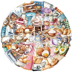 Detailed circular watercolor collage showing baking tools and breakfast pastry stickers