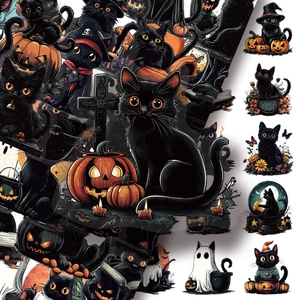 Macro detail of transparent PET Halloween black cat stickers with pumpkin lanterns and ghosts