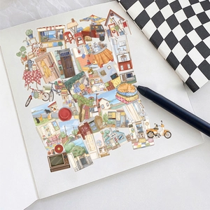50 pieces of waterproof PET stickers featuring artistic home and street scene designs