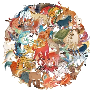 Collection of 50 cartoon mythical beast PET stickers with Oriental mythological designs