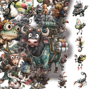 Dettaglio di adesivi animali steampunk con ingranaggi meccanici e texture stile vintage