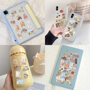 50pcs healing lifestyle PET stickers featuring cozy cafe and cat themes on various devices