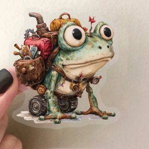 Adesivo rana steampunk con ingranaggi meccanici e dettagli di valigia d'epoca
