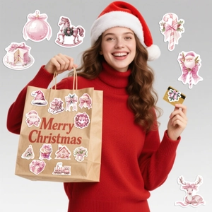 Pink Shabby Chic Christmas stickers set with festive cartoon patterns for party decor