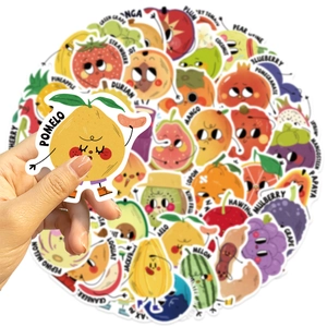 Close-up of cartoon fruit stickers with English names for kids learning and decoration