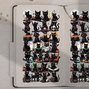 50pcs Halloween black cat stickers on a notebook featuring pumpkins and magic hats